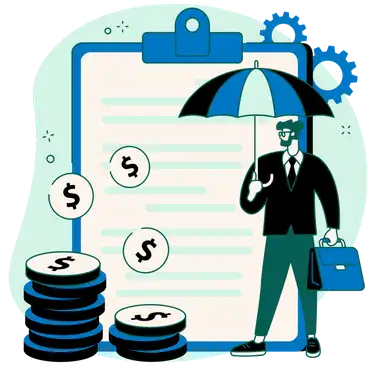 Editorial illustration of a business professional holding an umbrella over an insurance document, surrounded by dollar coin stacks — representing cost considerations in auto insurance coverage decisions
