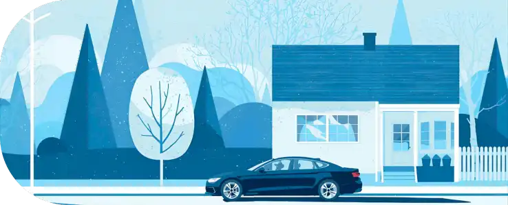 Illustration of a car parked in front of a house on a calm winter day — representing the home and auto insurance coverage many American families seek to protect their most valuable assets
