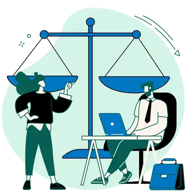 Editorial illustration showing a balanced scale and a professional reviewing quote comparison options on a laptop — representing the informed decision-making process of comparing auto insurance coverage